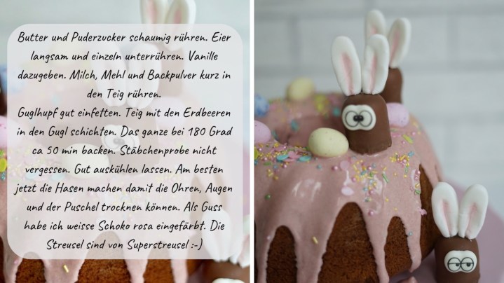 Schritt für Schritt Anleitung für den Erdbeer-Guglhupf mit niedlichen Hasen aus Mini Schokoküssen. 