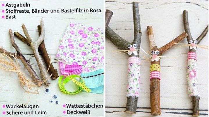 Niedliches Hasen-DIY aus Astgabeln. Perfekte Bastelaktion für einen Waldtiere-Geburtstag.